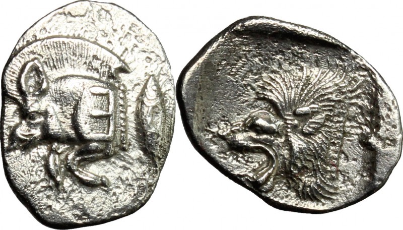 Greek Asia. Mysia, Kyzikos. AR Obol, c. 480-420 BC. D/ Forepart of boar left, E ...