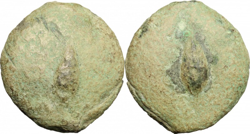 Apollo/Apollo series. AE Cast Uncia, c. 275 - 270 BC. D/ Barley grain; pellet to...
