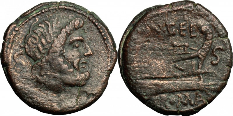 Cn. Gellius. AE Semis, 138 BC. D/ Laureate head of Saturn right; before, S and b...