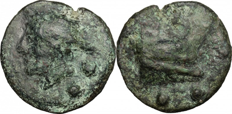 Janus/prow to right libral series. AE Cast Sextans, c. 225-217 BC. D/ Head of Me...