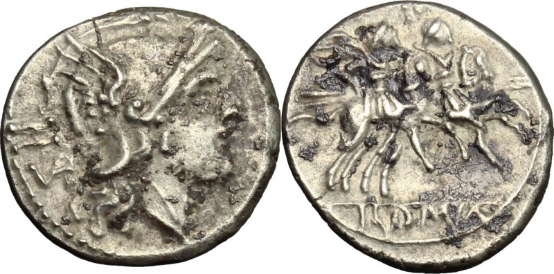Anonymous. AR Sestertius, from 211 BC. D/ Helmeted head of Roma right; behind, I...