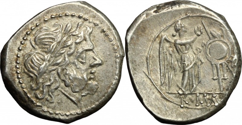 Anonymous. AR Victoriatus, after 218 BC. D/ Laureate head of Jupiter right. R/ V...