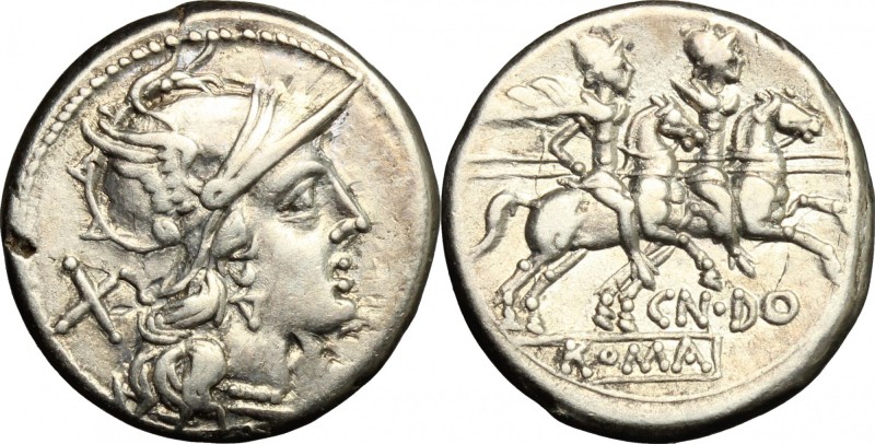 Cn. Domitius Ahenobarbus. AR Denarius, 189-180 BC. D/ Helmeted head of Roma righ...