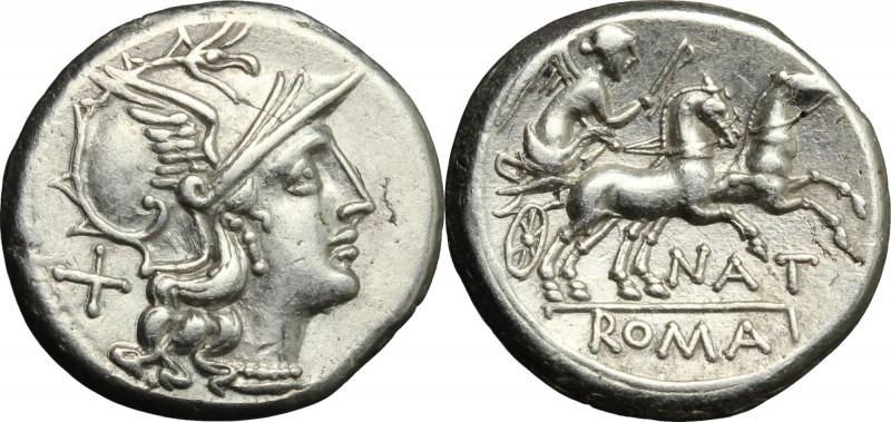 Pinarius Natta. AR Denarius, 155 BC. D/ Helmeted head of Roma right; behind, X. ...