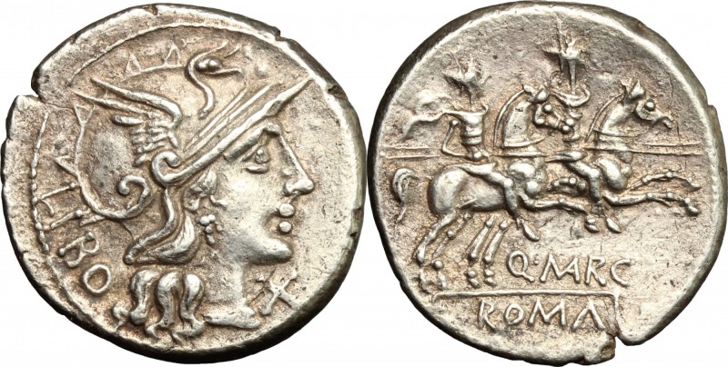 Q. Marcius Libo. AR Denarius, 148 BC. D/ Helmeted head of Roma right; behind, LI...