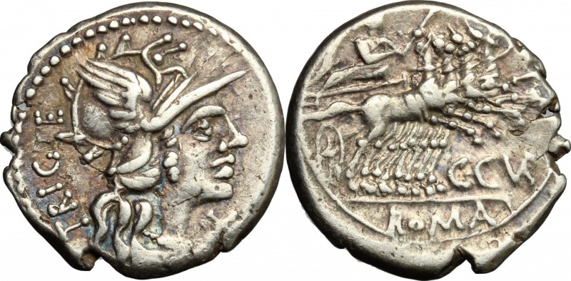 C. Curiatius Trigeminus. AR Denarius, 142 BC. D/ Helmeted head of Roma right; be...