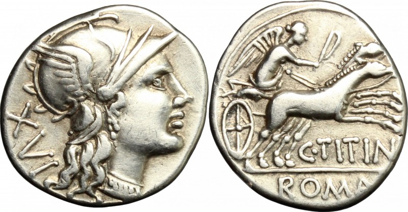 C. Titinius. AR Denarius, 141 BC. D/ Helmeted head of Roma right; behind, XVI. R...