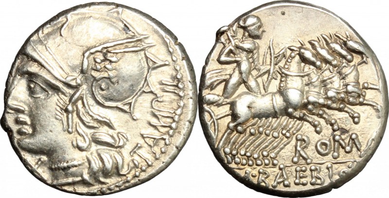 M. Baebius Q. f. Tampilus. AR Denarius, 137 BC. D/ Helmeted head of Roma left, w...