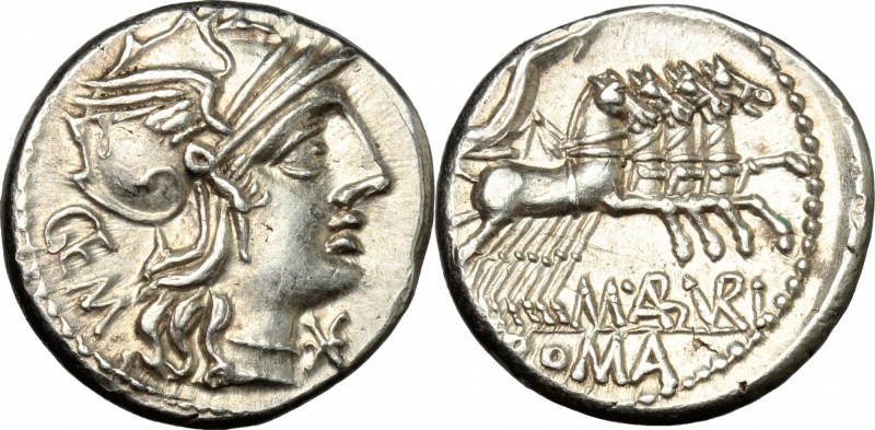 M. Aburius M.f. Geminus. AR Denarius, 132 BC. D/ Helmeted head of Roma right; be...