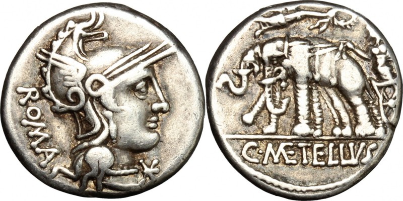 C. Caecilius Metellus Caprarius. AR Denarius, 125 BC. D/ Head of Roma right, wea...