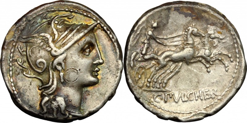 C. Claudius Pulcher. AR Denarius, 110 or 109 BC. D/ Helmeted head of Roma right....