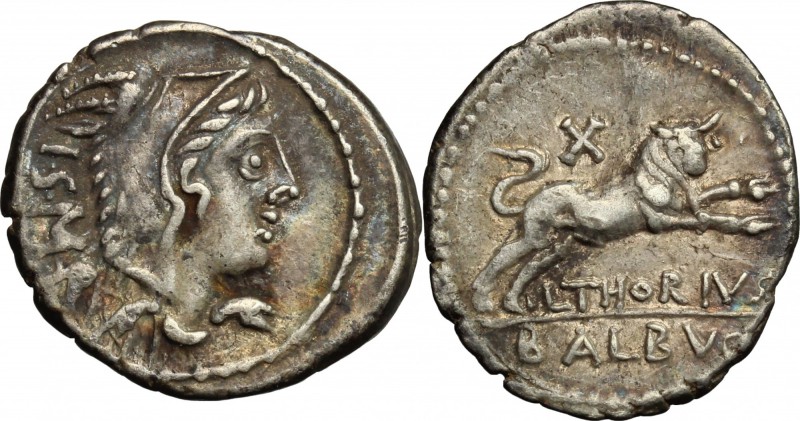 L. Thorius Balbus. AR Denarius, 105 BC. D/ Head of Juno of Lanuvium right, weari...