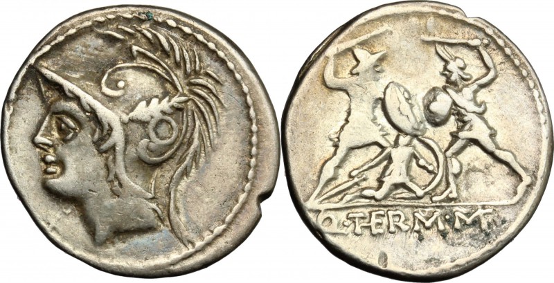 Q. Thermus M.f. AR Denarius, 103 BC. D/ Helmeted head of Mars left. R/ Roman sol...