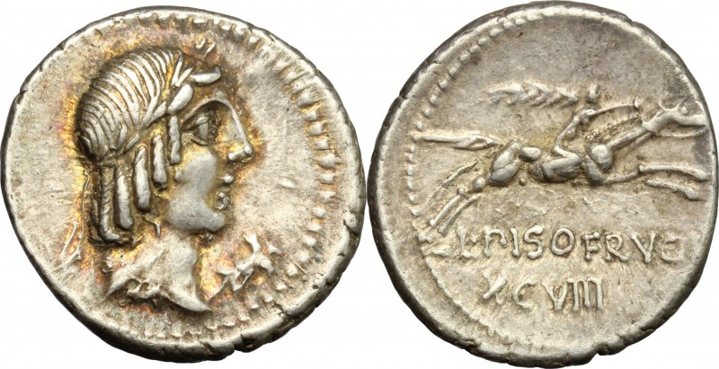 L. Calpurnius Piso Frugi. AR Denarius, 90 BC. D/ Laureate head of Apollo right; ...