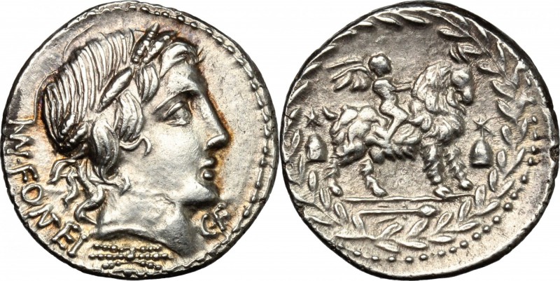 Mn. Fonteius C. f. AR Denarius, 85 BC. D/ MN FONTEI. Laureate head of Apollo rig...