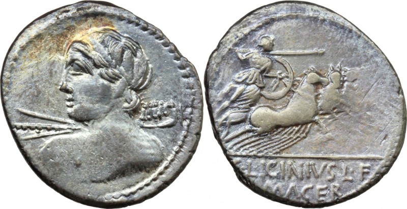 C. Licinius L.f. Macer. AR Denarius, 84 BC. D/ Diademed and draped bust of Vejov...