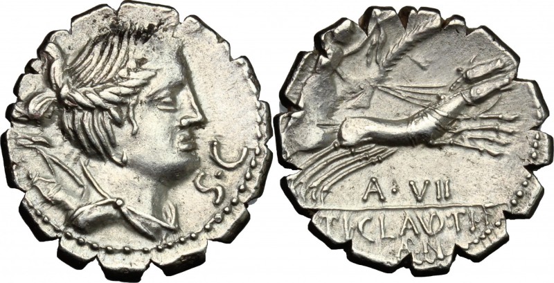 Ti. Claudius Ti. f. Ap. n. Nero. AR Denarius serratus, 79 BC. Obv. D/ Bust of Di...