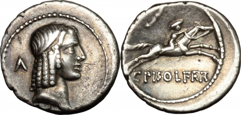 C. Piso L. f. Frugi. AR Denarius, 67 BC. D/ Head of Apollo right, hair bound wit...