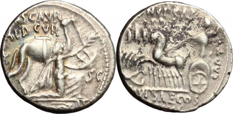 M. Aemilius Scaurus and Pub. Plautius Hypsaeus. AR Denarius, 58 BC. D/ Camel rig...
