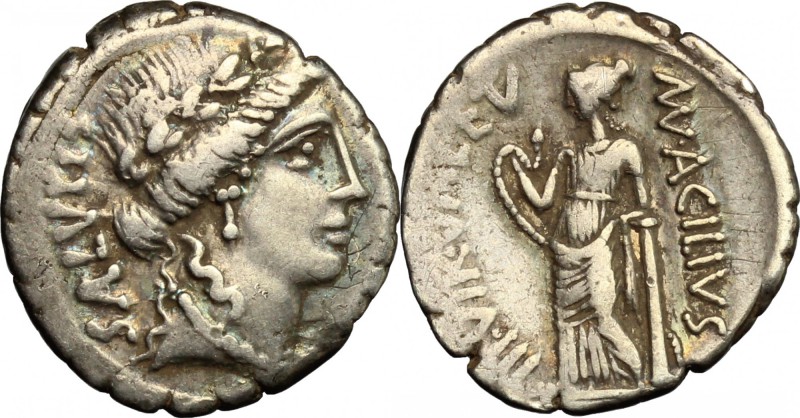 Man. Acilius Glabrio. AR Denarius, 49 BC. D/ Laureate head of Salus right; behin...