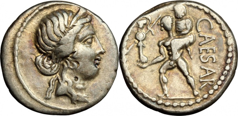 Julius Caesar. AR Denarius, 47-46 BC. D/ Diademed head of Venus right. R/ CAESAR...