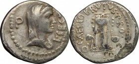 Q. Caepio Brutus and Sestius Pro. Q.. Fourrée (?) Denarius, 43-42 BC. Mint moving with Brutus