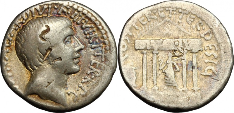 Octavian. AR Denarius, mint moving with Octavian, 36 BC. D/ IMP CAESAR DIVI F II...