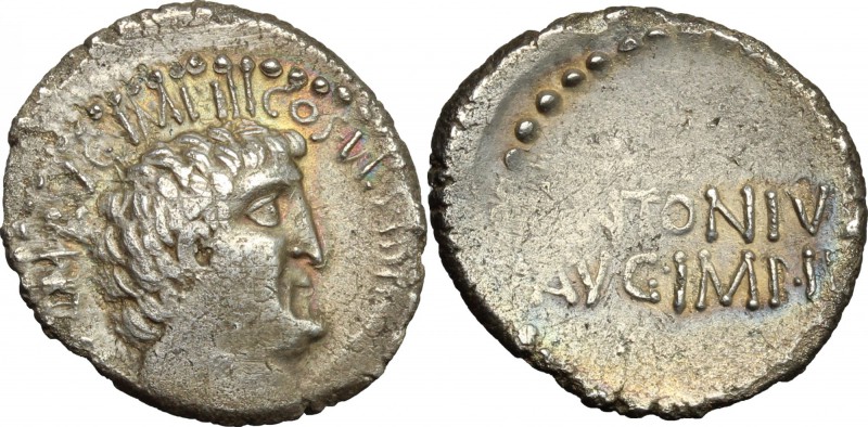 Mark Antony. AR Denarius, mint moving with M. Antony, 33 BC. D/ ANTON AVG IMP II...