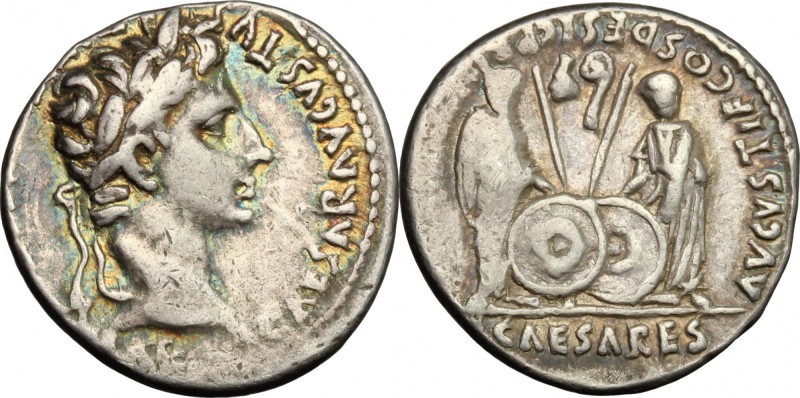 Augustus (27 BC - 14 AD). AR Denarius, Lugdunum mint. Struck 2 BC - 4 AD. D/ CAE...