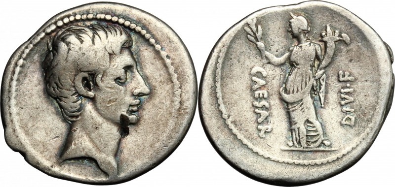 Augustus (27 BC-14 AD). AR Denarius, c. 32-29 BC. D/ Bare head right. R/ CAESAR ...