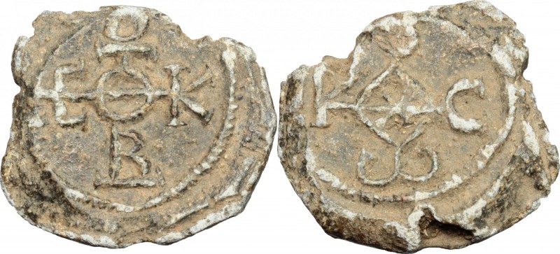 PB Seal, c. 7th century AD. D/ Cruciform invocative monogram. ΘEOTOKE BOHΘEI. R/...