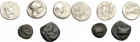 Greek World and Roman Republic.. Multiple lot of five (5) unclassified coins including: two (2) Greek AE and three (3) AR Denarii of Roman Republic