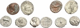 Roman Empire.. Multiple lot of five (5) unclassified AR coins (mostly of Roman Empire) including: Dyrrhachion, AR Drachm, Augustus, fourrée Denarius A...