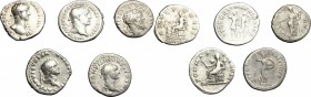 Roman Empire. Multiple lot of five (5) unclassified AR Denarii of Vespasian, Domitian, Trajan, Hadrian and Septimius Severus
