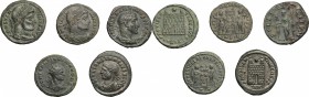 Roman Empire.. Multiple lot of five (5) unclassified AE coins of 3rd-4th centuries, including an interesting and rare bronze core of a fourrée denariu...