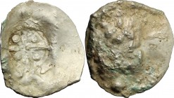 Moncastro..  Genovesi sul litorale rumeno. . Aspro con contromarca con croce e globuli su tondello vergine (non su una moneta dell'Orda d'Oro). XIV-XV...