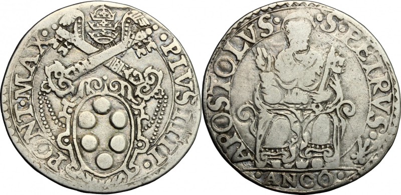 Ancona. Pio IV (1559-1565). Testone. CNI 7. M. 49. Berm. 1072. AG. g. 8.88 mm. 2...