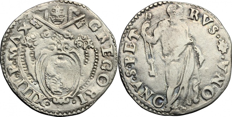 Ancona. Gregorio XIII (1572-1585). Testone. CNI 262 (var: GREGORI). M. 211 (var:...