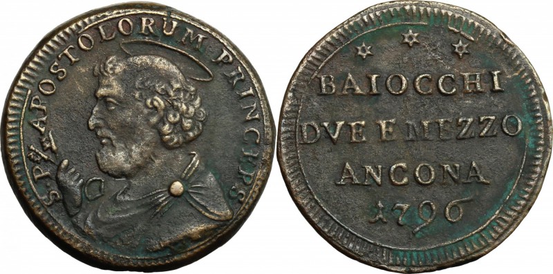 Ancona. Pio VI (1775-1799). Sampietrino da 2 e 1/2 baiocchi 1796. CNI 3. M. 144....