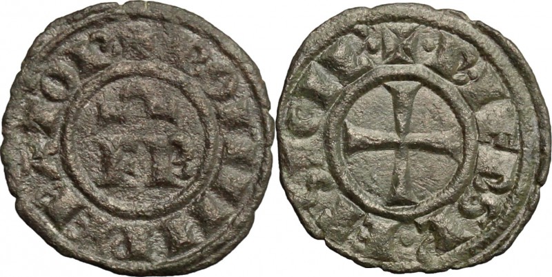 Brindisi. Federico II (1197-1250). Mezzo denaro con F R. Sp. 110. MIR 272. MI. g...