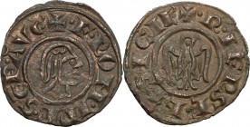 Brindisi o Messina.  Federico II (1197-1250). Denaro con testa e aquila, coniato nel 1243