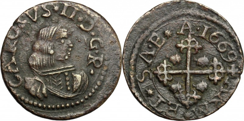 Cagliari. Carlo II di Spagna (1665-1700). Cagliarese 1669. CNI 18. MIR 92/2. AE....