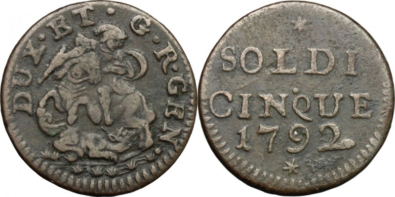 Genova. Dogi Biennali (1528-1797). Da 5 soldi 1792. MIR 340/1. MI. g. 4.11 mm. 2...