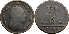 Napoli.  Ferdinando IV di Borbone (1759-1816).. 6 tornesi 1800, sigle A P