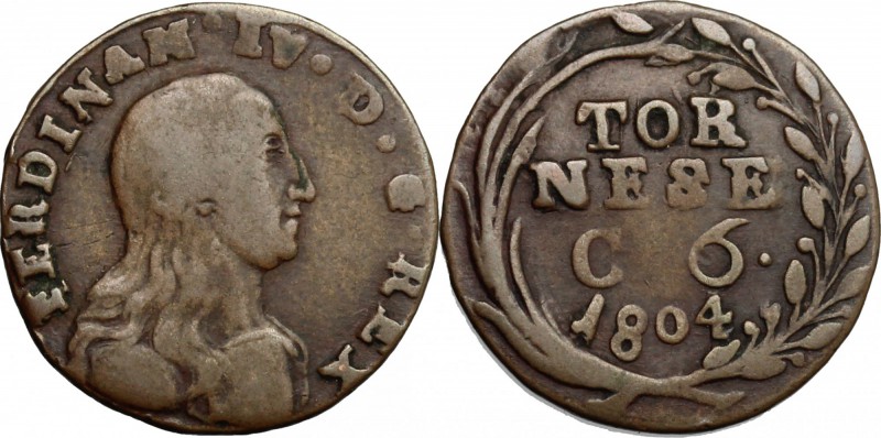 Napoli. Ferdinando IV di Borbone (1759-1816). Tornese 1804. P/R 22. MIR 430. AE....