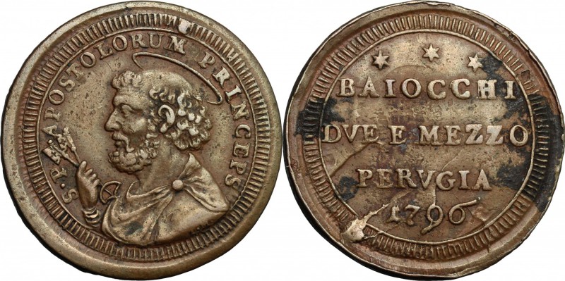 Perugia. Pio VI (1775-1799). Sampietrino da 2 e 1/2 baiocchi 1796. CNI 6. M. 392...