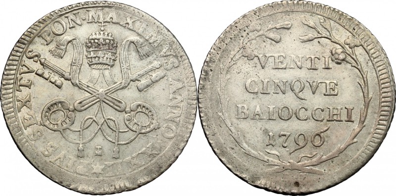 Roma. Pio VI (1775-1799). 25 baiocchi A. XXII, 1796. CNI 287. M. 68, 70/72. Berm...