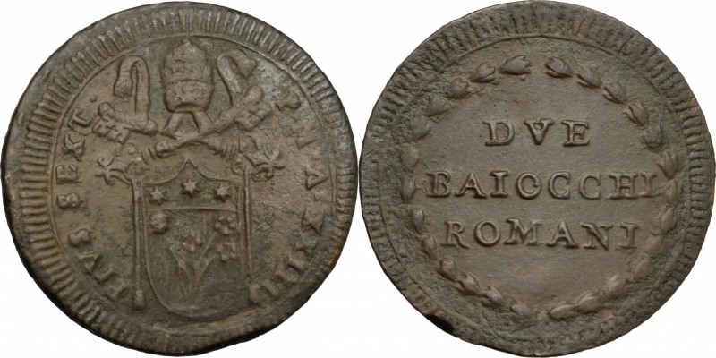 Roma. Pio VI (1775-1799). Due baiocchi A. XXIII. CNI 383. M. 120. Berm. 2991. AE...
