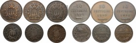 San Marino.  Prima Monetazione (1864-1906).. Lotto di 6 monete: 10 centesimi 1875, 1893, 1894 e 5 centesimi 1864, 1869 e 1894