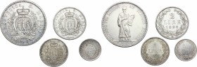 San Marino.  Prima Monetazione (1864-1906).. Serie 1898: 5 lire (BB+), 2 lire, lira e 50 centesimi